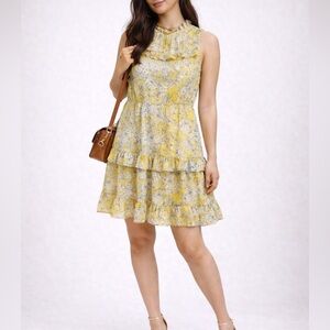 Monteau Los Angeles Yellow Blue Floral Sleeveless Ruffle Dress – Small Easter